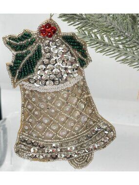 Vintage Beaded Bell Christmas Ornament Sequin Pearl Holly Handmade Holiday Decor